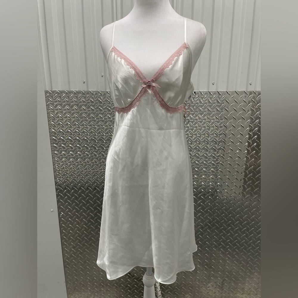 Vintage White Satin Pink Lace Trim Babydoll Slip Dress Large Fairycore Ethereal